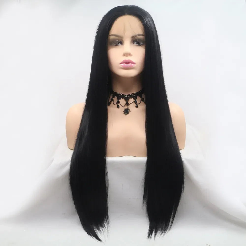 24" Lace Front Synthetic Wig in Black, Long Straight