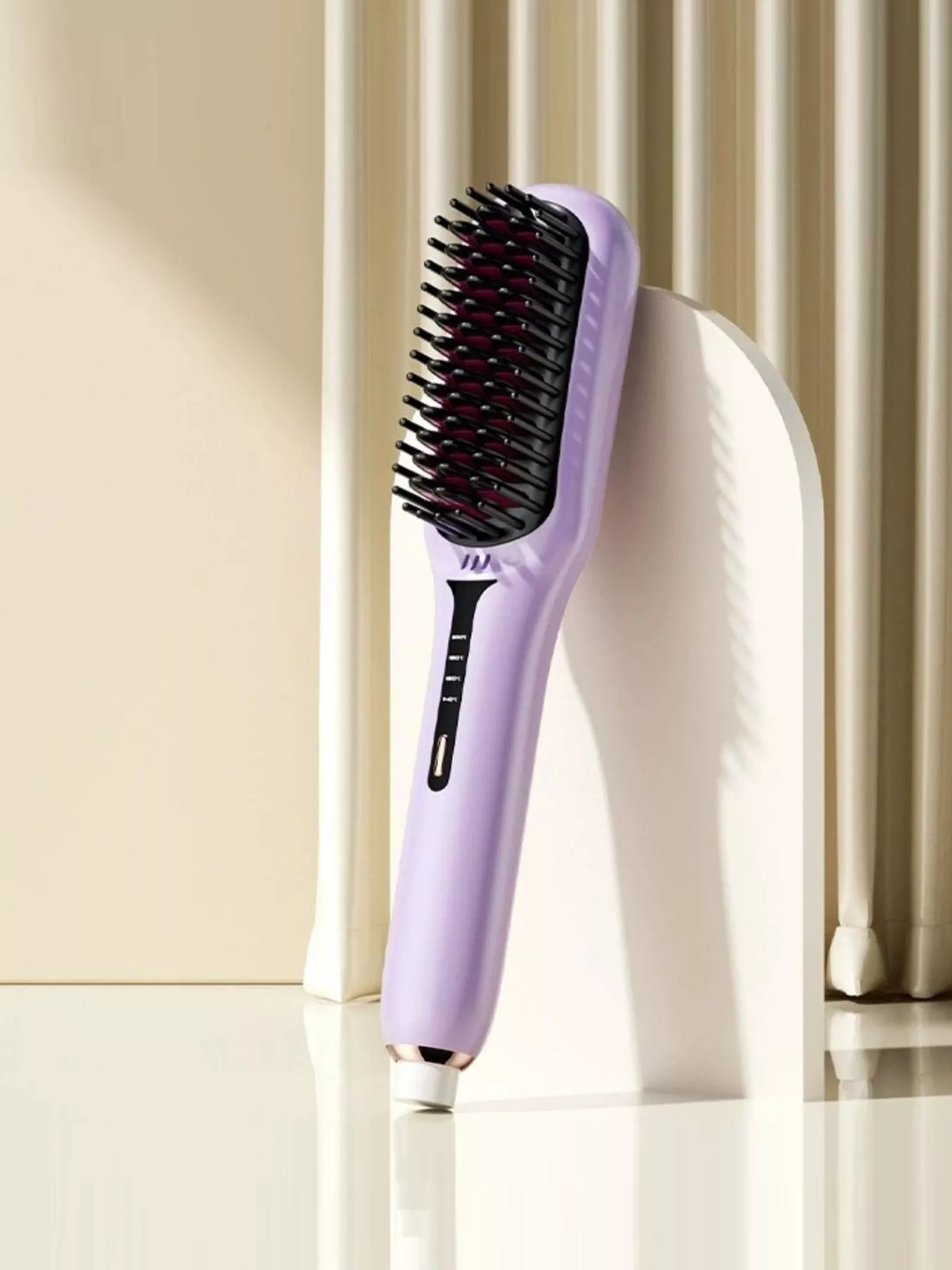 Lavender fast-heating electric hair straightening comb and heated straightening brush with black bristles, ergonomic handle and adjustable temperature controls for smooth, sleek, frizz-free hair styling.