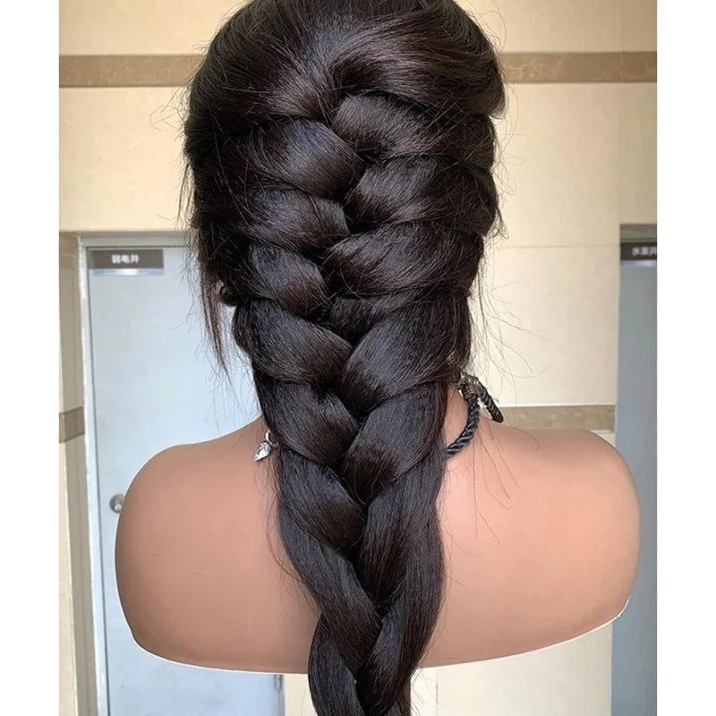 Long black straight wig styled in a thick elegant braid, featuring silky high-temperature synthetic fiber, smooth natural-looking texture, soft volume and versatile styling for women.