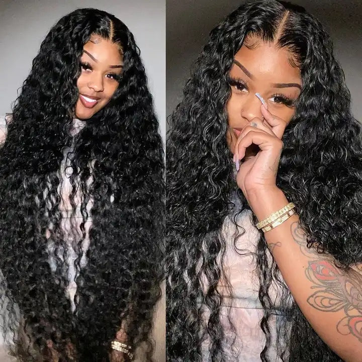 12A Water Wave Human Hair 13x4 Lace Front Wig featuring long, voluminous black deep curly wet and wavy texture, natural-looking hairline, defined middle part, baby hairs and high-density Brazilian virgin human hair.