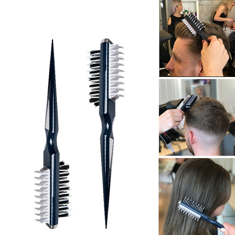 Hair styling tool with bristle design, shown in various uses including combing and styling hair.