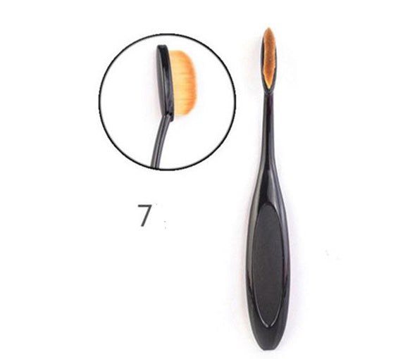 Black oval makeup brush with ultra-soft dense brown bristles and ergonomic handle for flawless foundation blending, contouring, concealer and face makeup application
