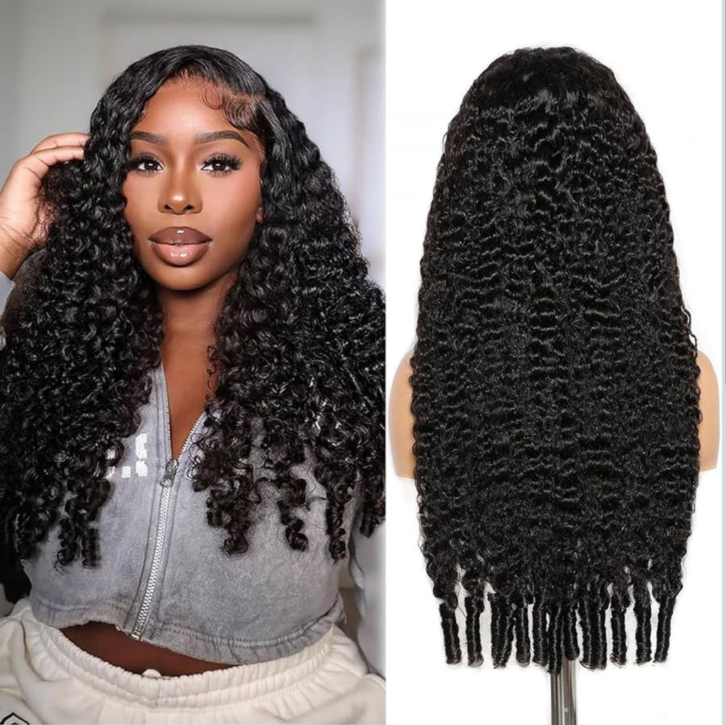Woman with styled hair and a close-up of curly hair extensions. 100% Burmese Virgin Human Hair