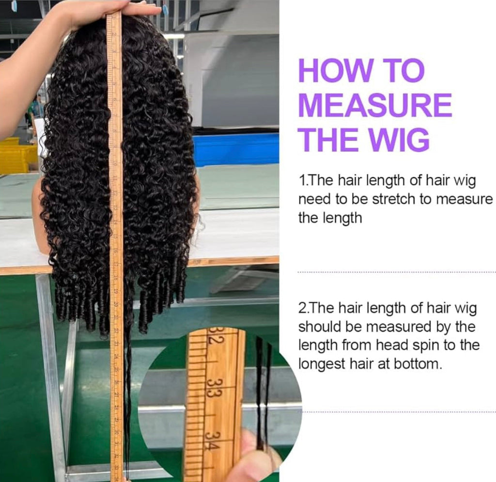 Person measuring a wig with a ruler, accompanied by text on how to measure wigs.