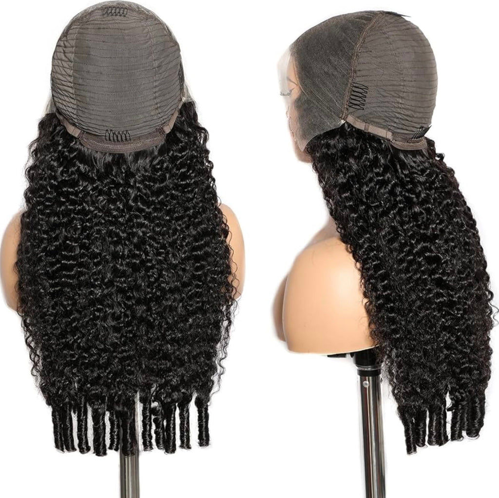 Black curly wig with a lace front on a mannequin head, shown from two angles.