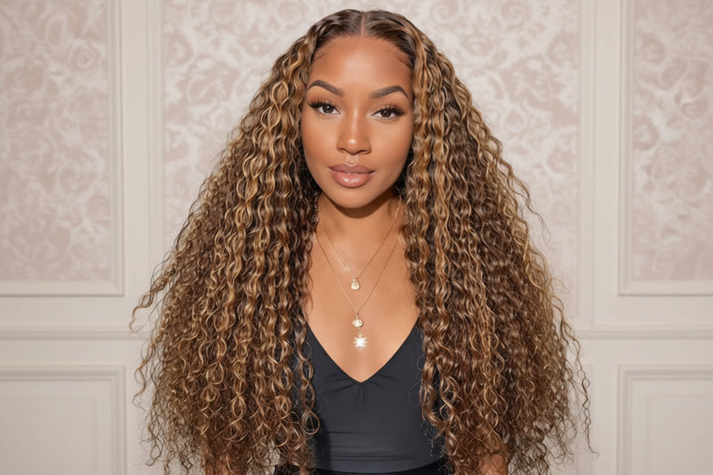 Woman with long, wavy hair wearing a black top against a neutral wall. 100% Unprocessed Brazilian Human Lace Front Wig Blonde Highlights 13x6 HD Deep Wave Glueless Lace Frontal Wigs