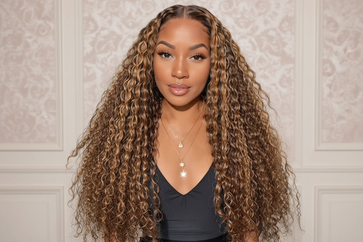 Woman with long, wavy hair wearing a black top against a neutral wall. 100% Unprocessed Brazilian Human Lace Front Wig Blonde Highlights 13x6 HD Deep Wave Glueless Lace Frontal Wigs