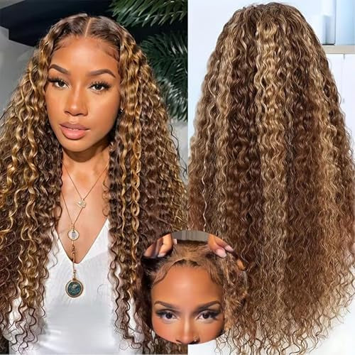 Woman with long, curly hair and a close-up of the hair extensions. 100% Unprocessed Brazilian Human Lace Front Wig Blonde Highlights 13x6 HD Deep Wave Glueless Lace Frontal Wigs
