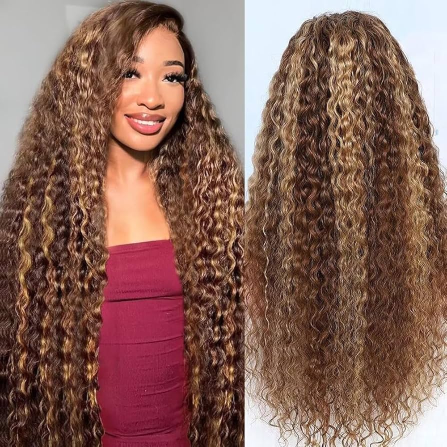 Woman with long, curly hair next to a close-up of the hair strands.