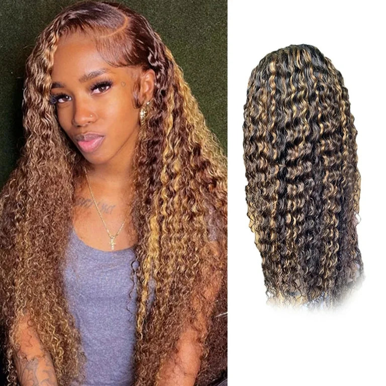 Woman with long, curly hair next to a close-up of a similar hair extension.