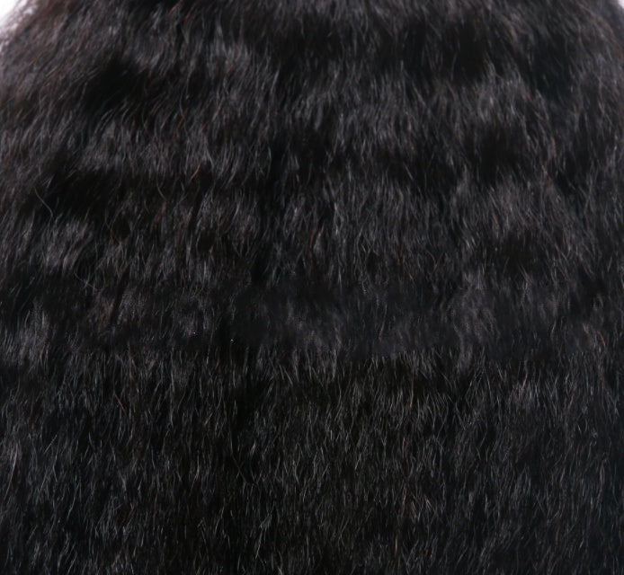 Close-up of Brazilian kinky yaki straight human hair bundle in natural black, featuring soft, thick, realistic textured strands for sew-in hair extensions, wig making, weaving, protective hairstyles, natural-looking volume and versatile styling.
