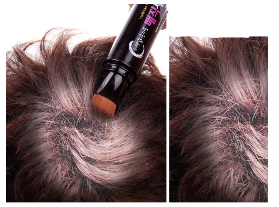 Temporary hair color brush applying washable gray coverage to dark brown hair, instant root touch-up hair dye wax comb for gray roots and temporary color.