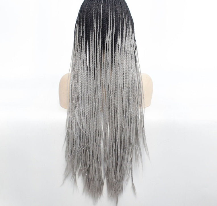 Long Grey Ombre Box Braided Wig with Black Roots, Triple Strand Braids, Straight Synthetic High Temperature Fiber Hair, Full Length Protective Style Wig for Women