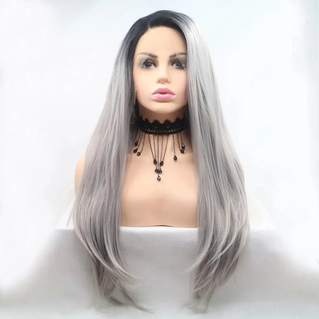24" Lace Front Synthetic Wig in Silver Ombre, Long Straight
