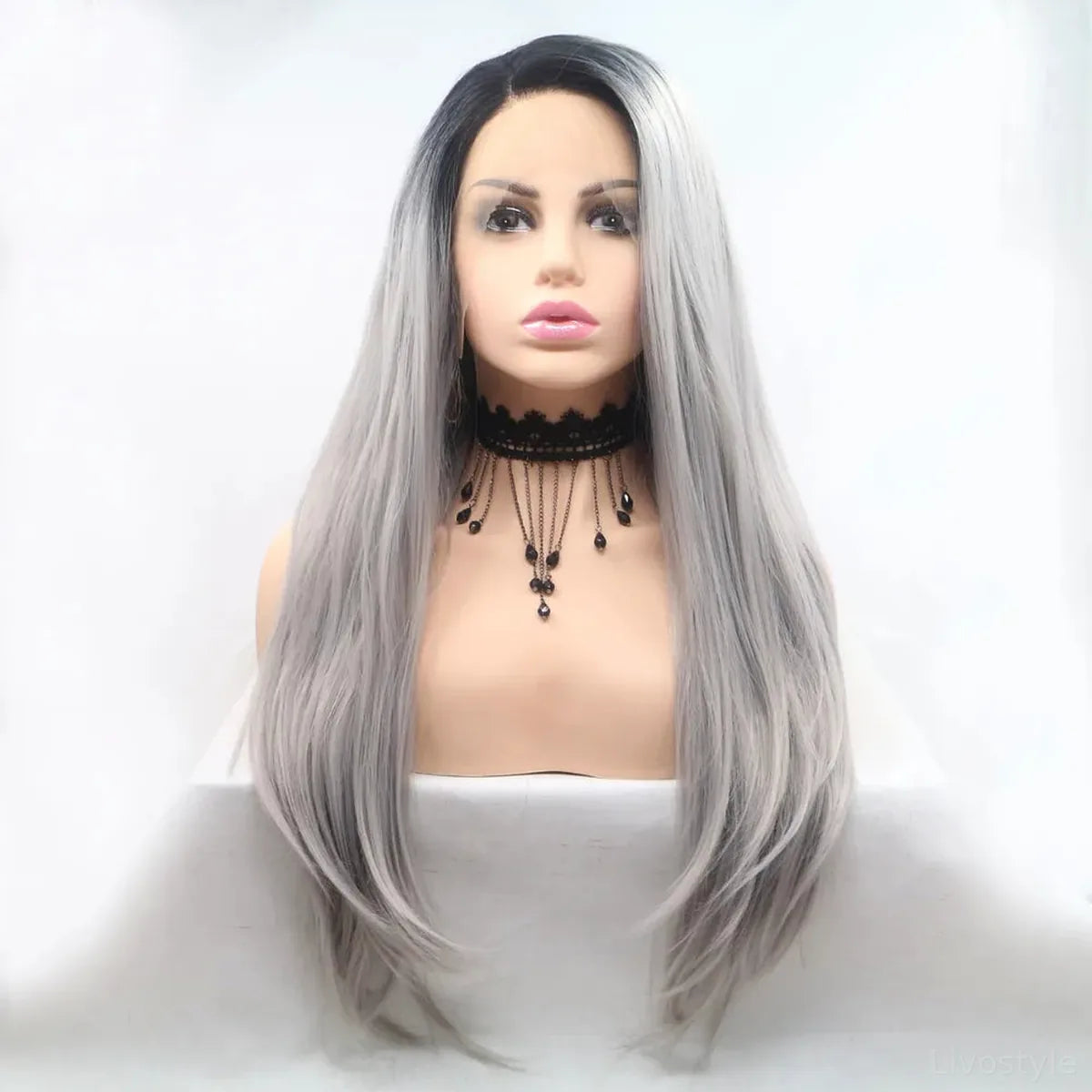 24" Lace Front Synthetic Wig in Silver Ombre, Long Straight