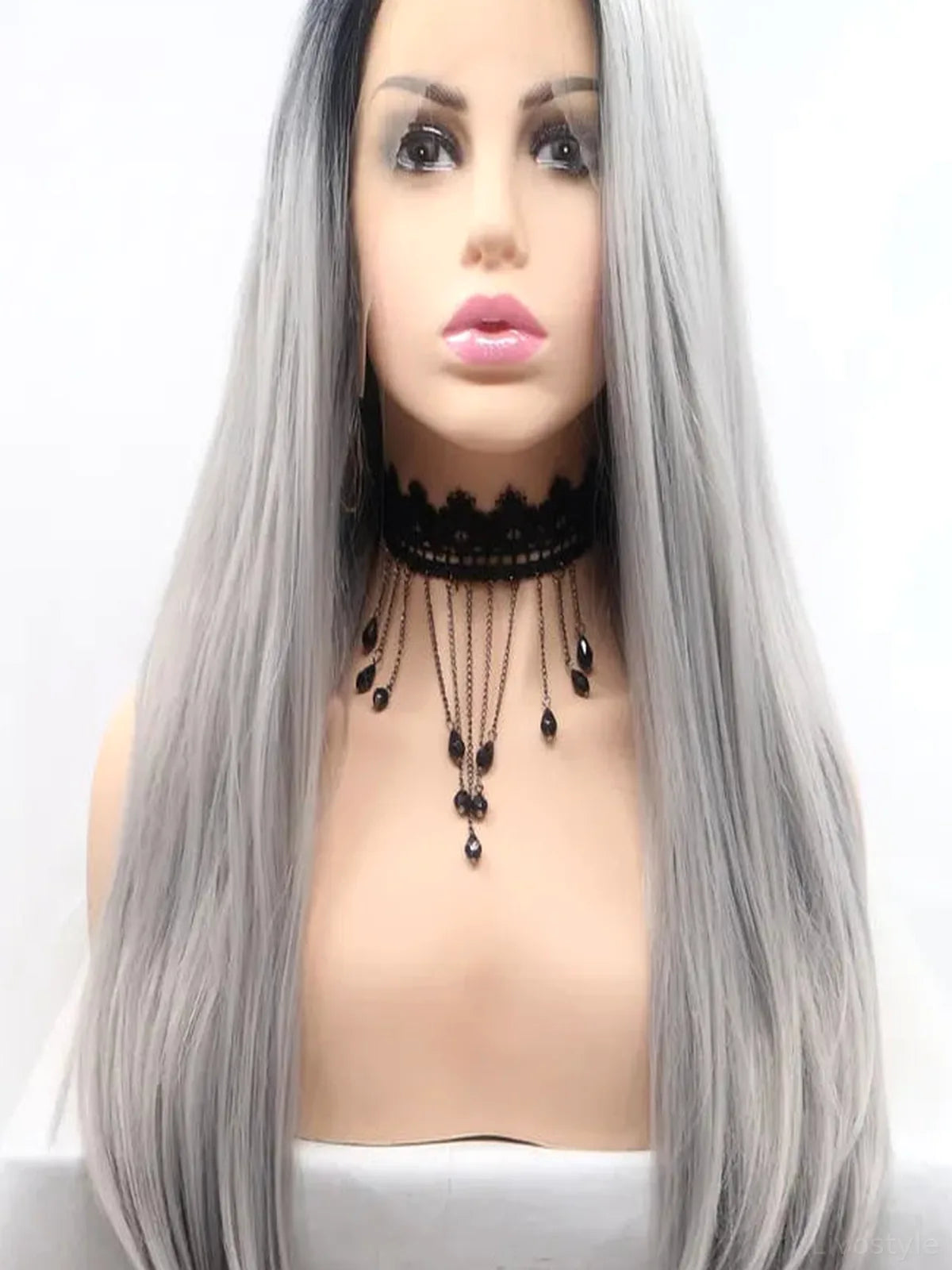 24" Lace Front Synthetic Wig in Silver Ombre, Long Straight