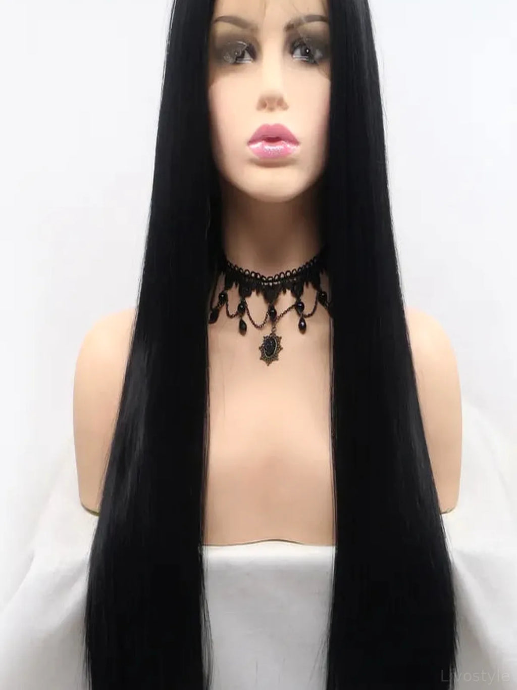 24" Lace Front Synthetic Wig in Black, Long Straight