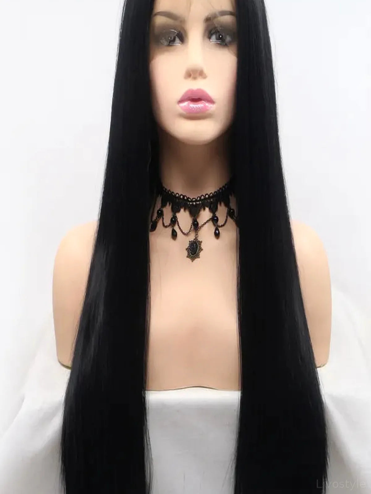 24" Lace Front Synthetic Wig in Black, Long Straight