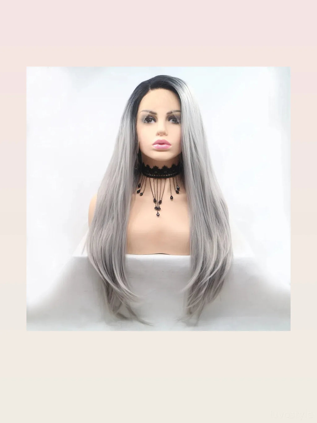 24" Lace Front Synthetic Wig in Silver Ombre, Long Straight