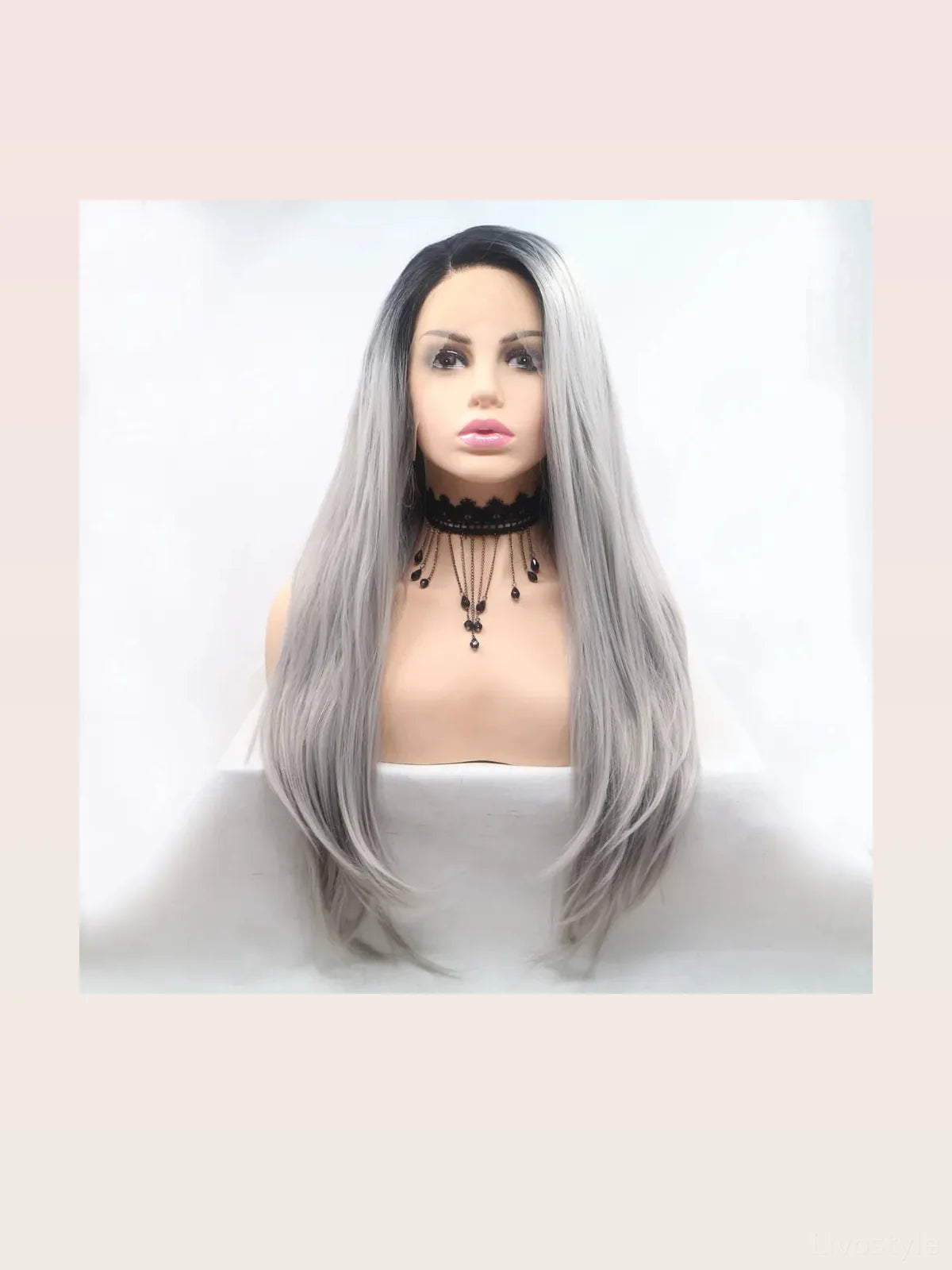 24" Lace Front Synthetic Wig in Silver Ombre, Long Straight