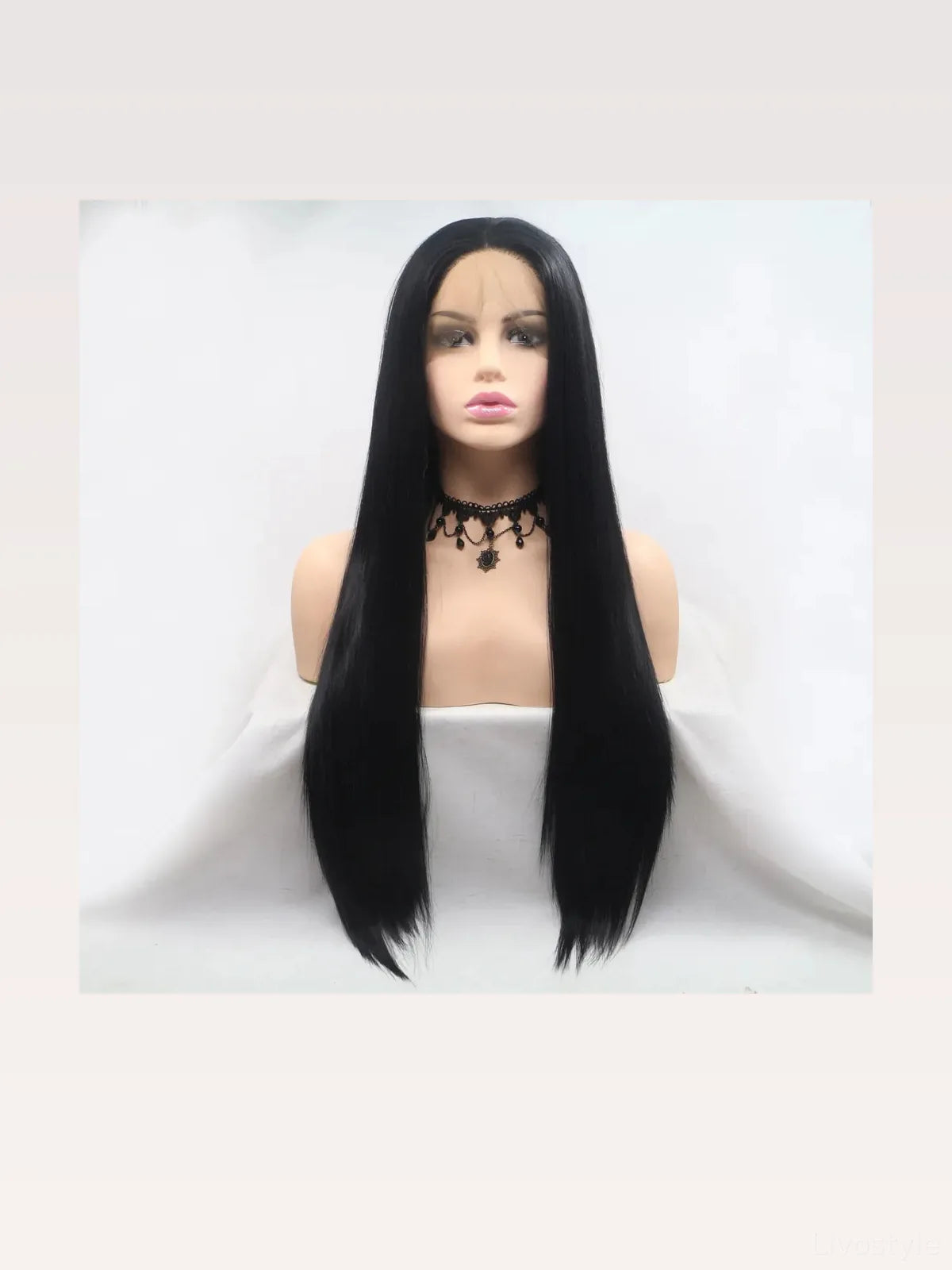 24" Lace Front Synthetic Wig in Black, Long Straight