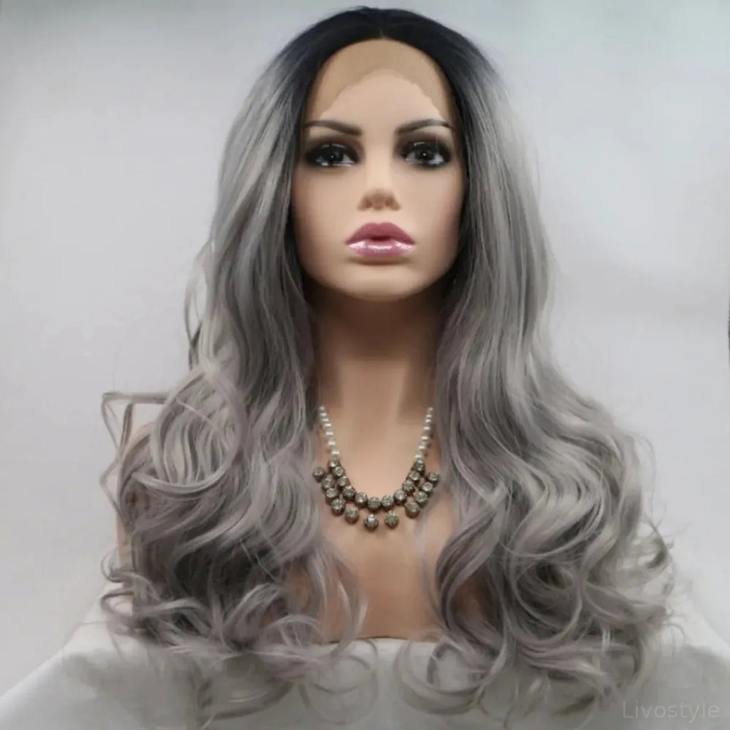 24" Lace Front Synthetic Wig in Grey Ombre, Long Wavy