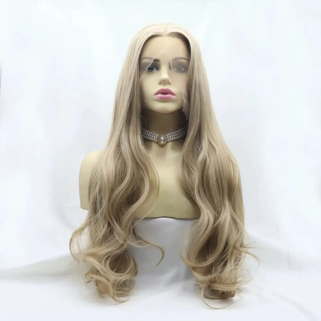 24" Lace Front Synthetic Wig in Ash Blonde, Long Wavy