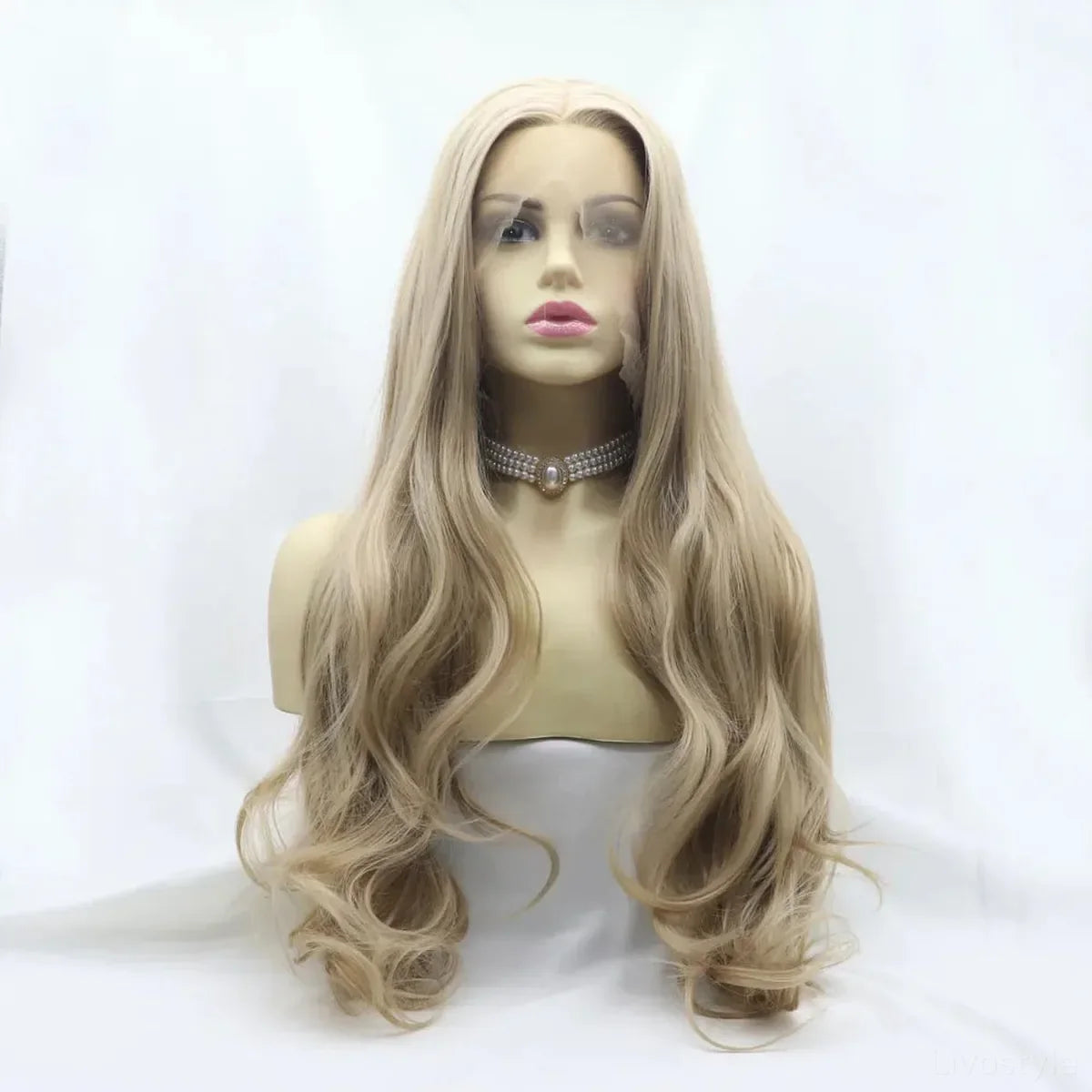 24" Lace Front Synthetic Wig in Ash Blonde, Long Wavy