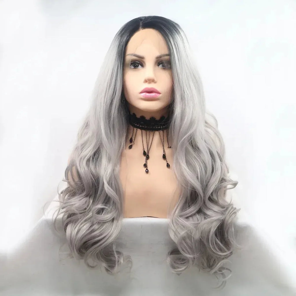 24" Lace Front Synthetic Wig in Black Ombre, Long Wavy