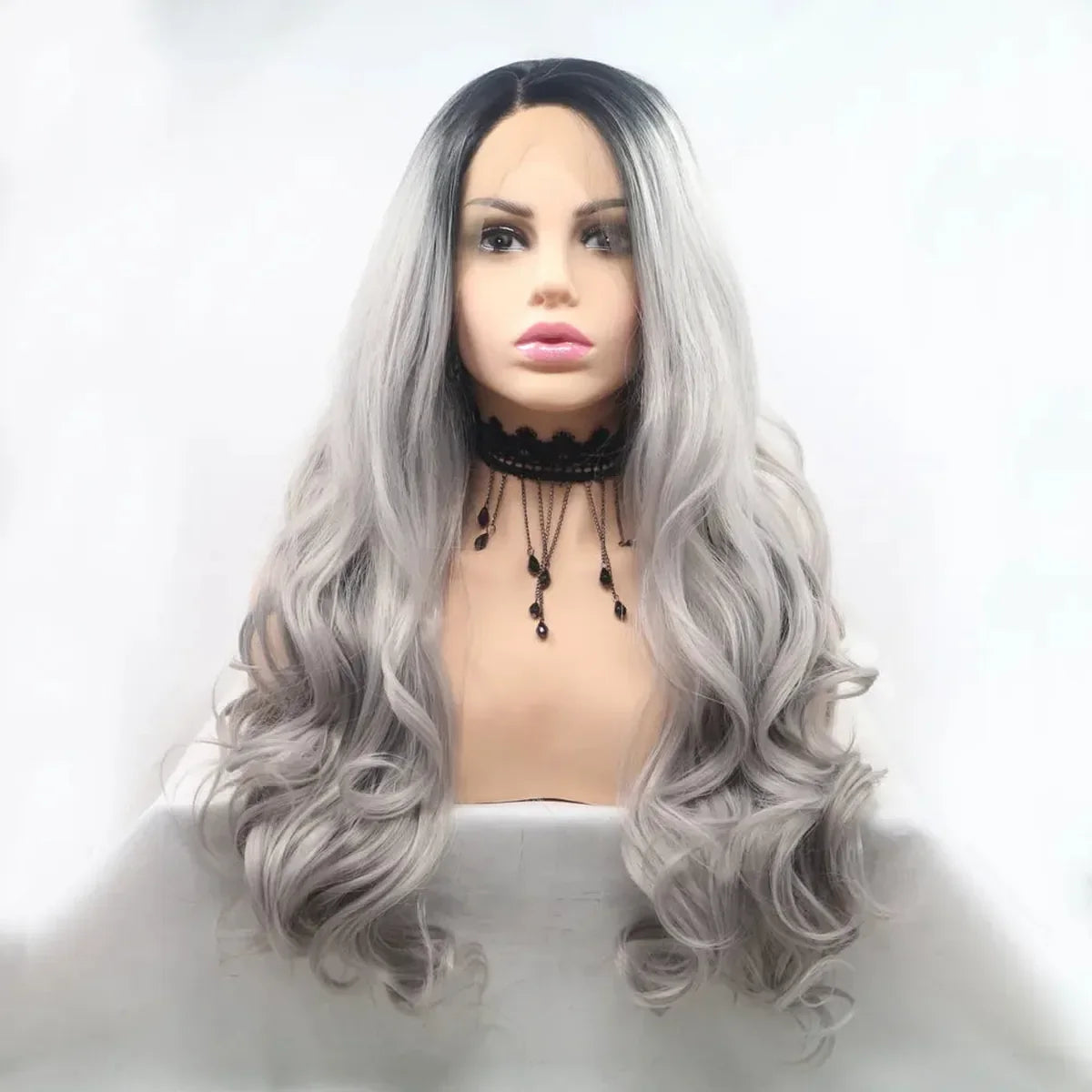 24" Lace Front Synthetic Wig in Black Ombre, Long Wavy