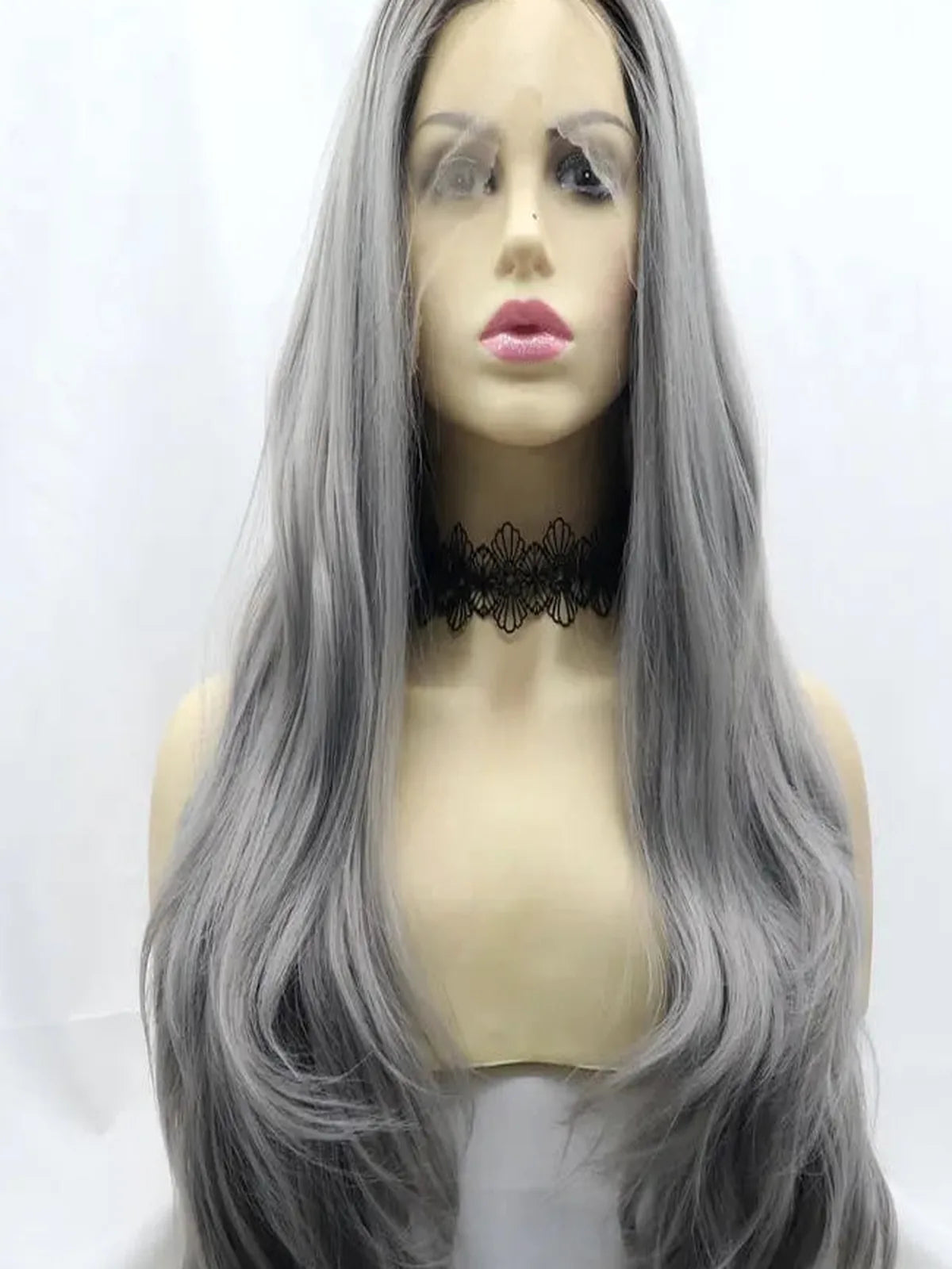 24" Lace Front Synthetic Wig in Gray, Long Wavy