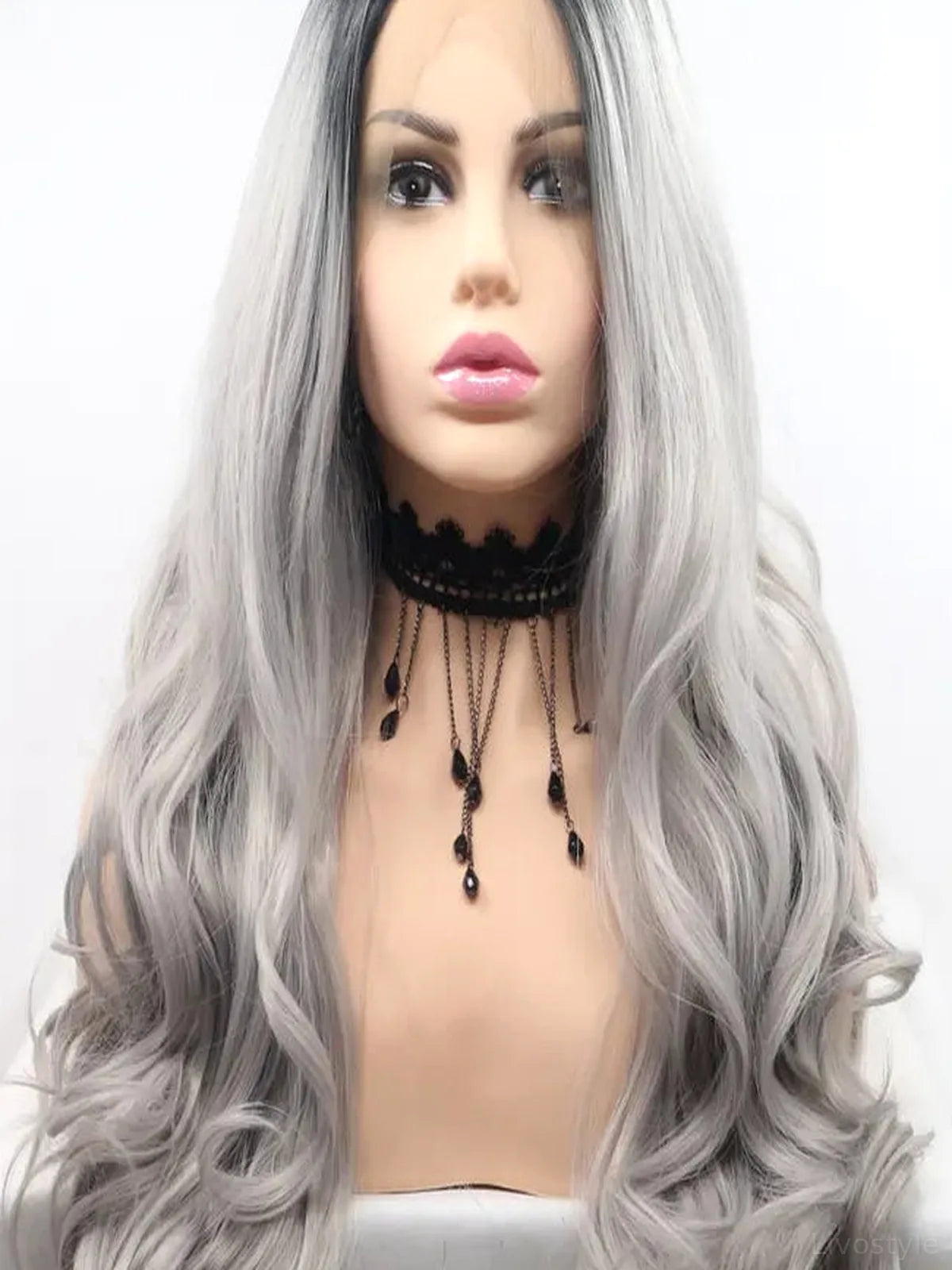 24" Lace Front Synthetic Wig in Black Ombre, Long Wavy