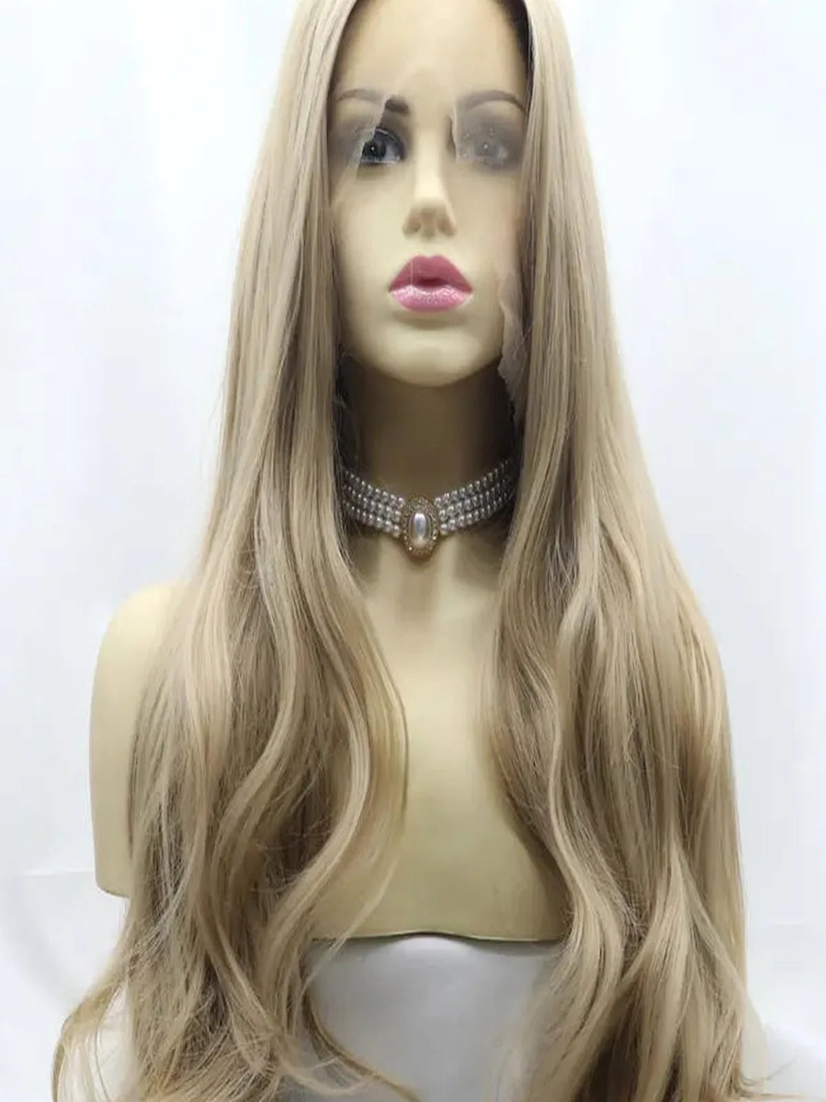 24" Lace Front Synthetic Wig in Ash Blonde, Long Wavy