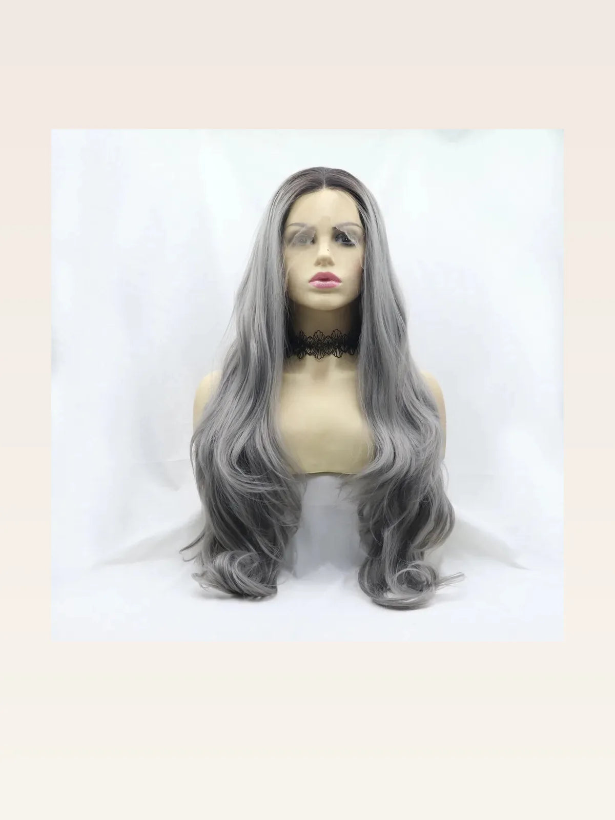 24" Lace Front Synthetic Wig in Gray, Long Wavy