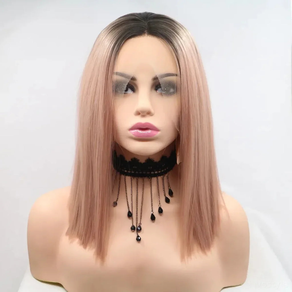 12" Lace Front Synthetic Wig in Pink with Black Roots, Mid-Length