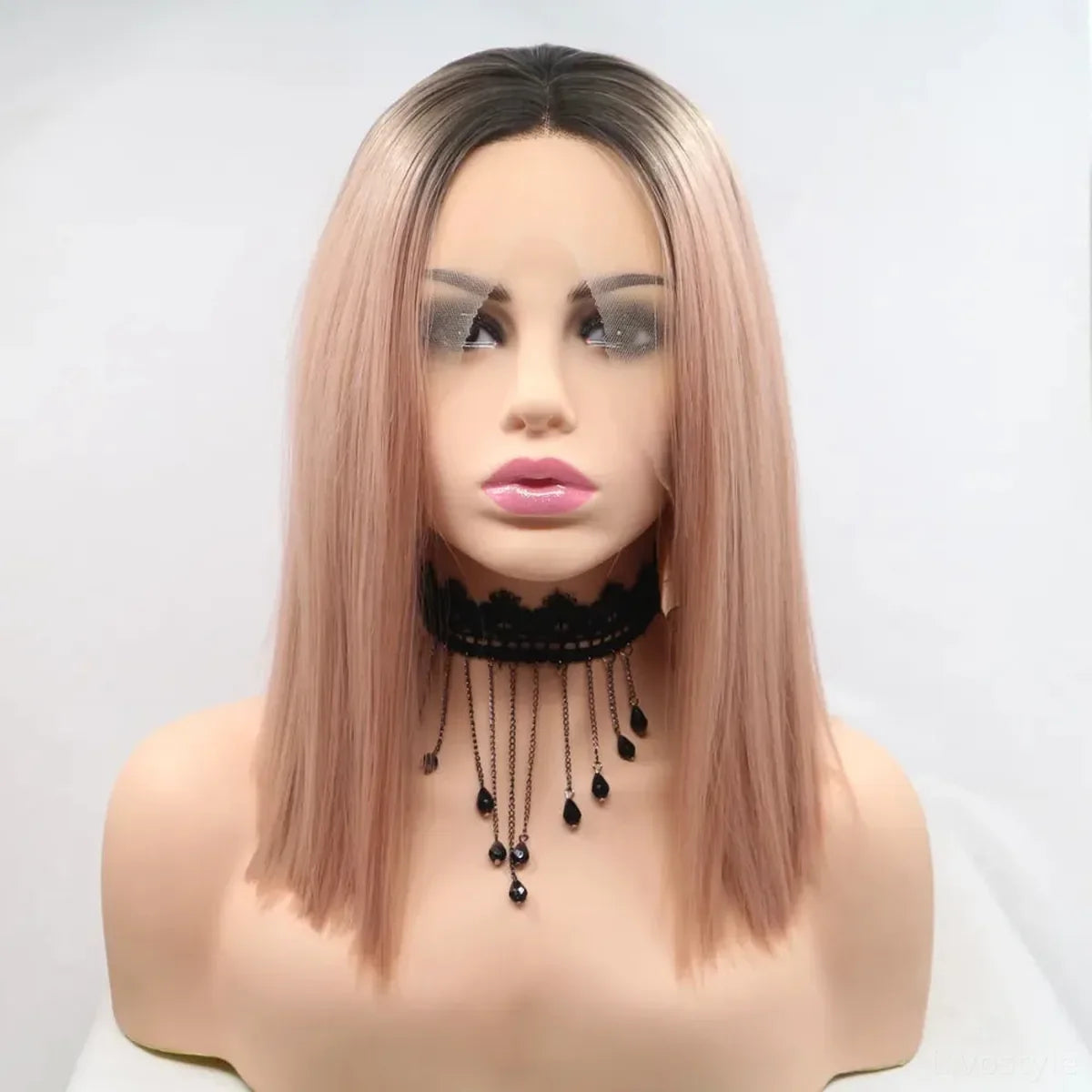12" Lace Front Synthetic Wig in Pink with Black Roots, Mid-Length