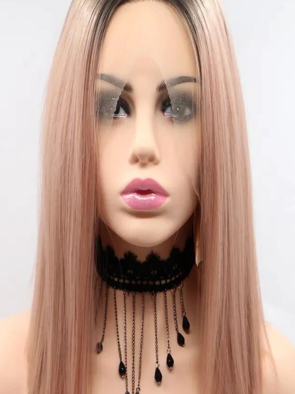 12" Lace Front Synthetic Wig in Pink with Black Roots, Mid-Length
