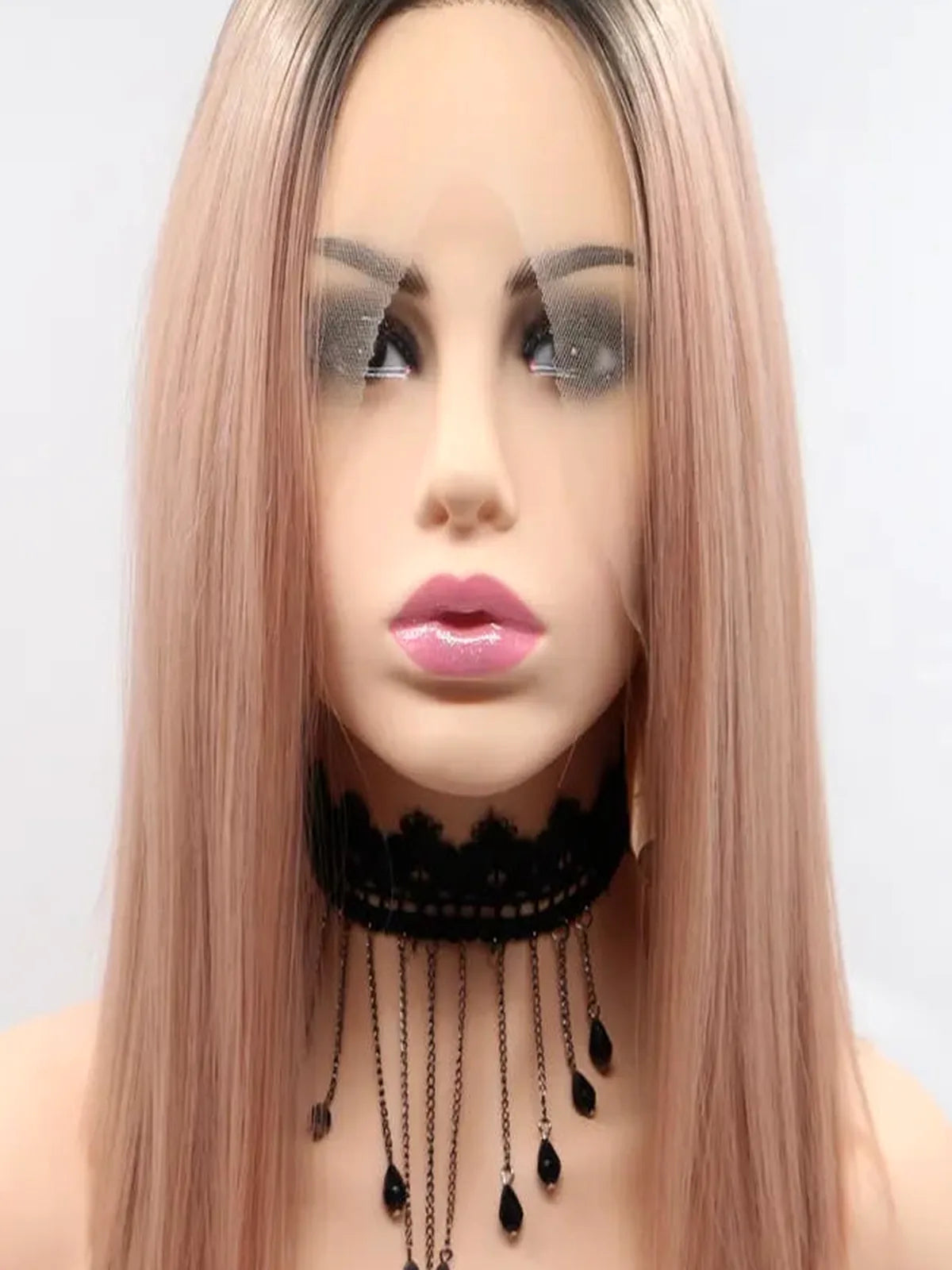 12" Lace Front Synthetic Wig in Pink with Black Roots, Mid-Length