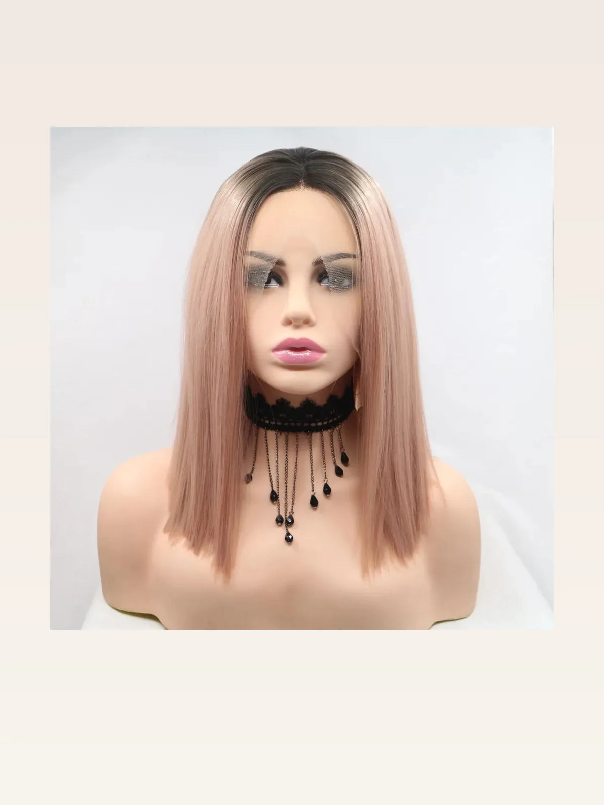 12" Lace Front Synthetic Wig in Pink with Black Roots, Mid-Length