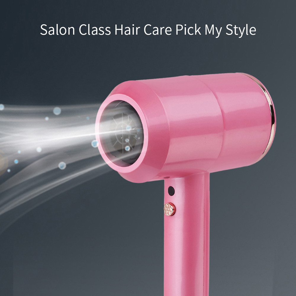 Pink hair dryer with a dark background and text 'Salon Class Hair Care Pick My Style'.