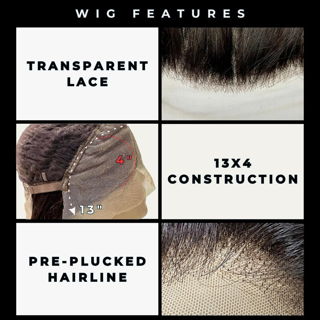 Wig features including transparent lace, 13x4 construction, and pre-plucked hairline shown on a grid. Deep Wave 13x4 Transparent Lace Front 100% Human Hair Wig