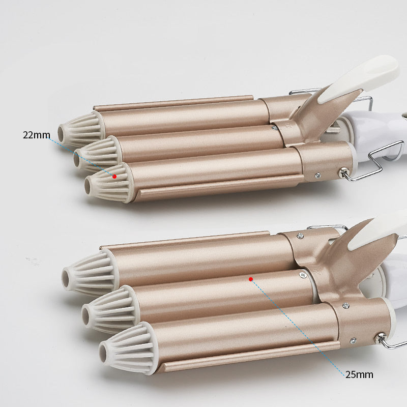 Rose gold three-tube ceramic curling iron with 22mm and 25mm triple barrels on a white background, professional hair waver styling tool for beach waves, curls, volume and long-lasting hairstyles for all hair types.