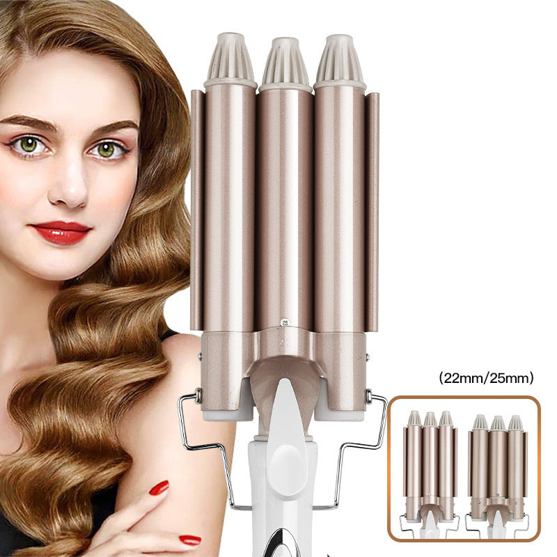 Three-tube ceramic curling iron hair waver with 22mm and 25mm barrels, rose gold triple barrel styling tool for beach waves, curls, volume and long-lasting hairstyles for all hair types.