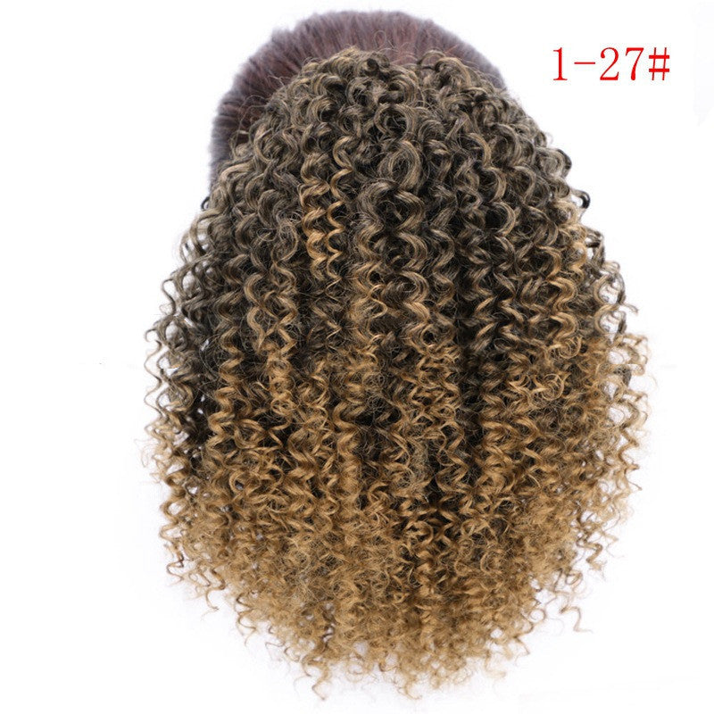 African drawstring small curly ponytail wig extension for Black women, ombre 1B/27 honey blonde kinky curly hairpiece, voluminous natural curls, adjustable drawstring protective updo hair accessory.