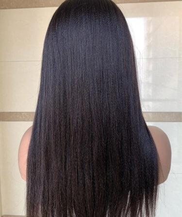 Long black straight lace front wig with natural middle part, silky high-temperature synthetic hair, realistic hairline, soft fluffy volume and versatile styling for women.