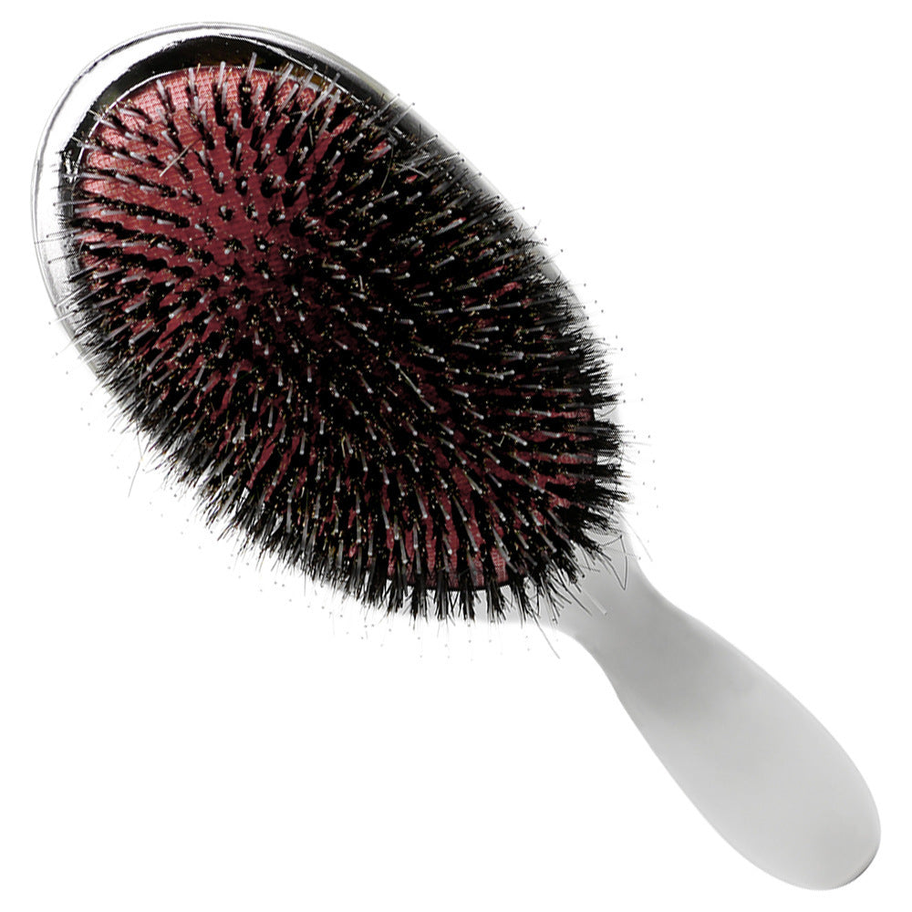 Wild boar bristle air cushion paddle hairbrush with dense black bristles, red cushioned base and ergonomic white handle for detangling, smoothing, scalp massage, frizz control and everyday hair care.