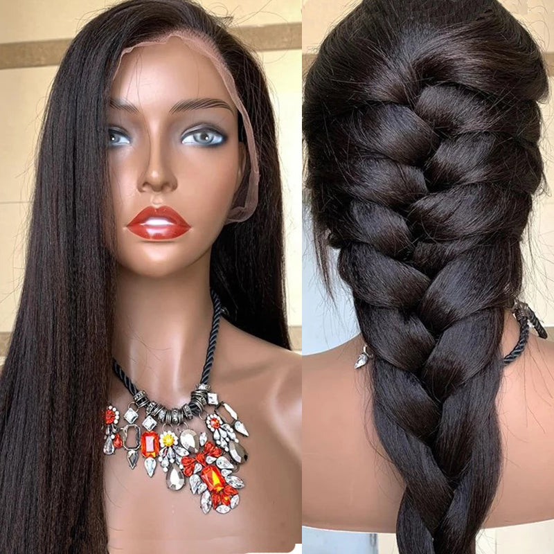 Long black straight lace front wig with natural middle part, silky high-temperature synthetic hair, realistic hairline and versatile braided styling for women.