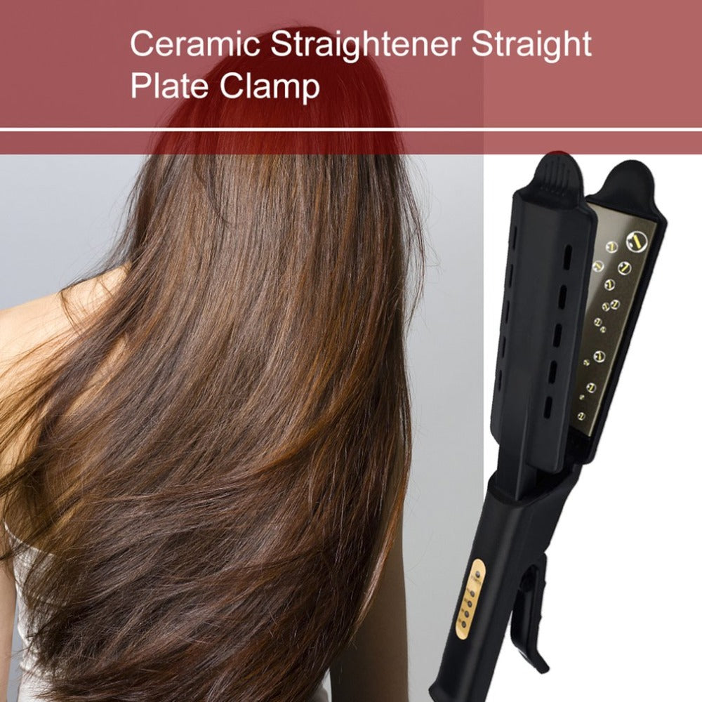 Black ceramic steam hair straightener with straight plate clamp, adjustable heat settings and sleek straight hair results, professional styling tool for all hair types by Thai Luxury Hair
