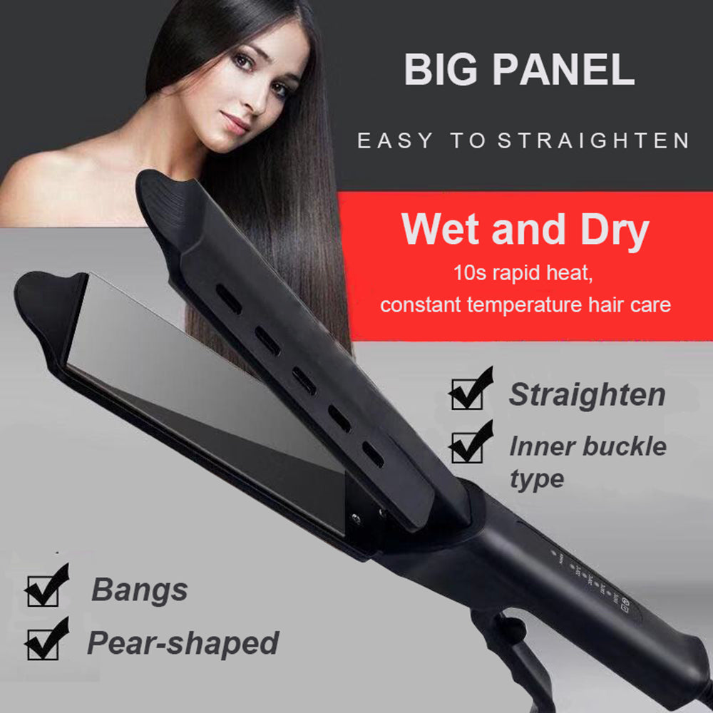 Wet and dry steam hair straightener with big ceramic heating panels, rapid 10-second heat, adjustable temperature control and straightening brush design for smooth, sleek hair styling.