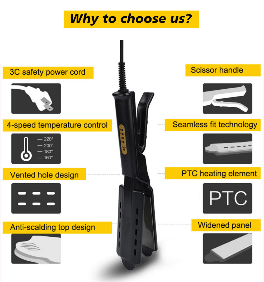 Black steam hair straightener with 4-speed temperature control, PTC heating element, anti-scald design, vented plates, scissor handle and safety power cord for smooth hair styling